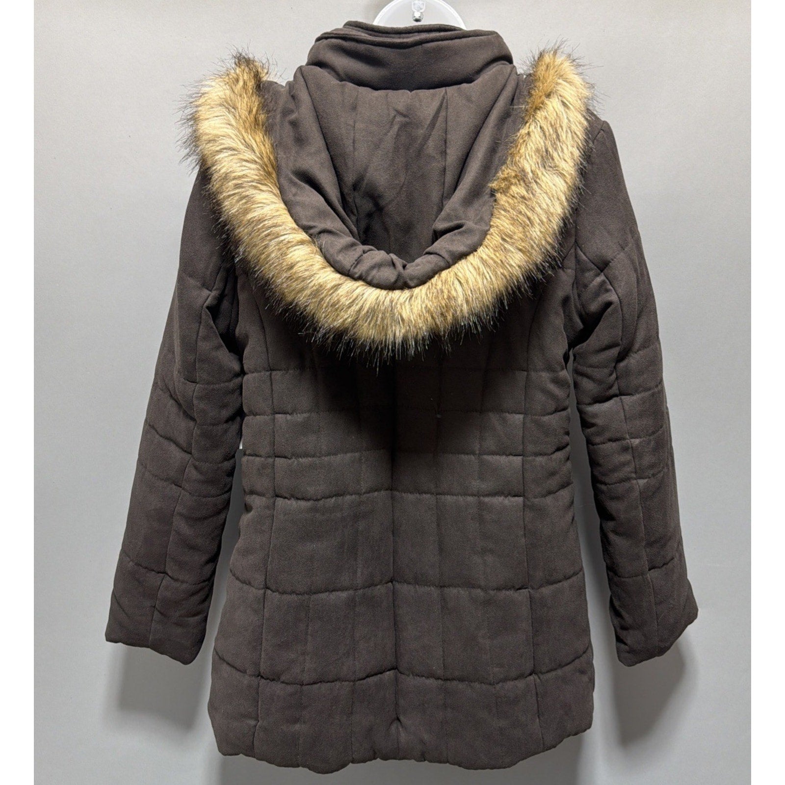 Women's L Liz Claiborne Puffer Jacket Coat Faux Fur Trim Hood Quilted Parka