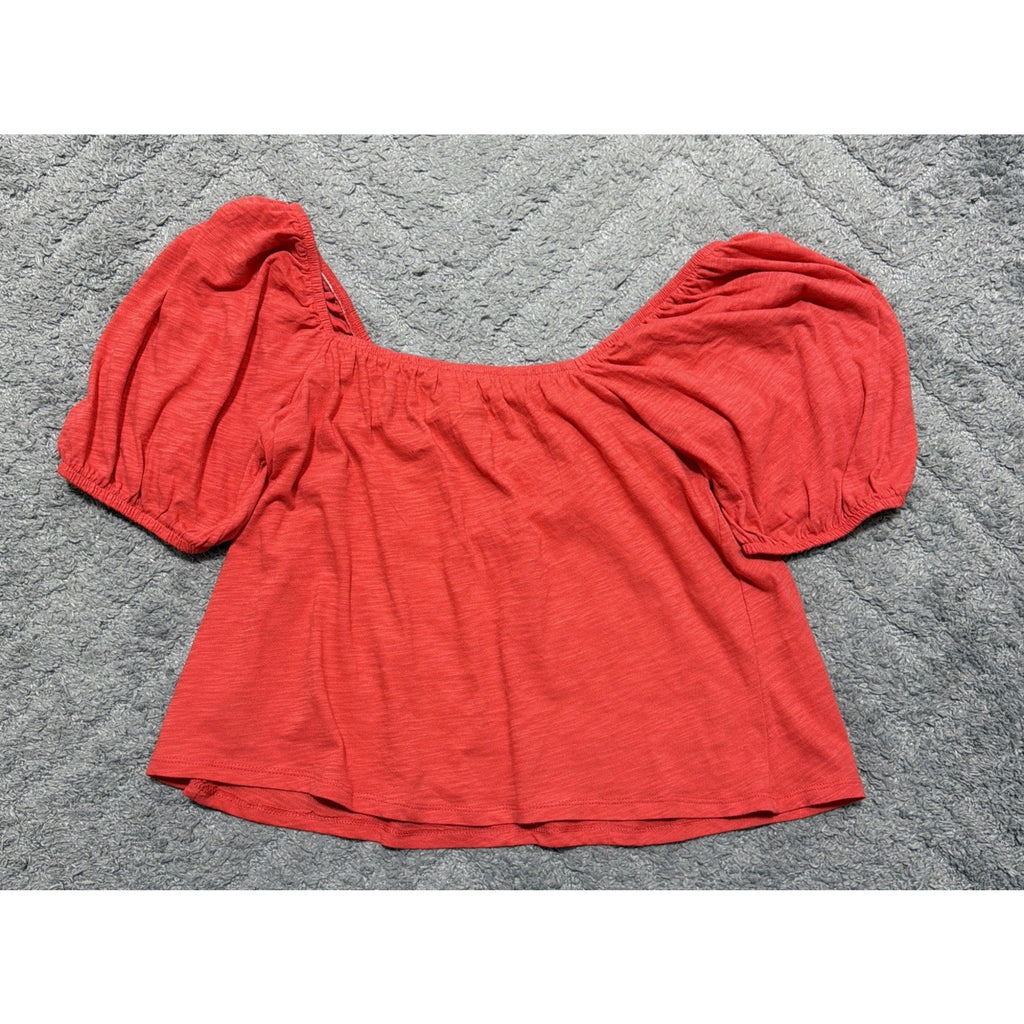 Old Navy Top Women Red Puff Sleeve Preppy Minimalist Casual Cotton Large NWT