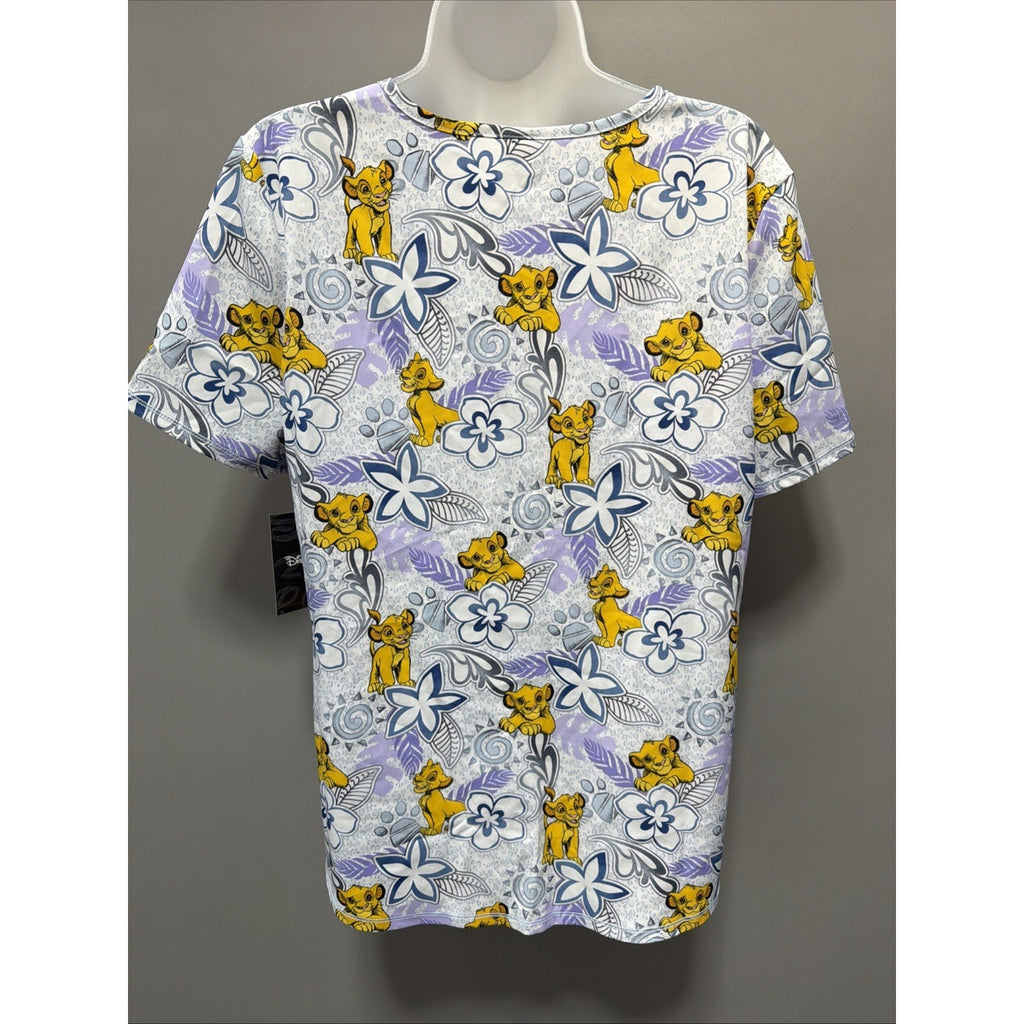 Disney Women's Floral The Lion King Simba Scrub Top Pockets Sz M New