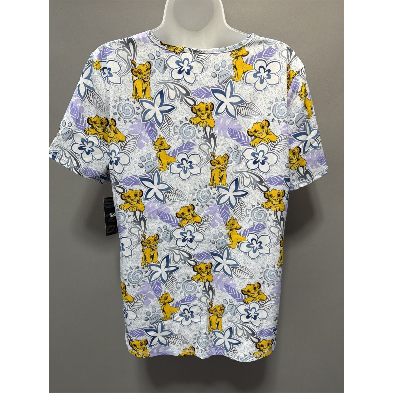 Disney Women's Floral The Lion King Simba Scrub Top Pockets Sz M New
