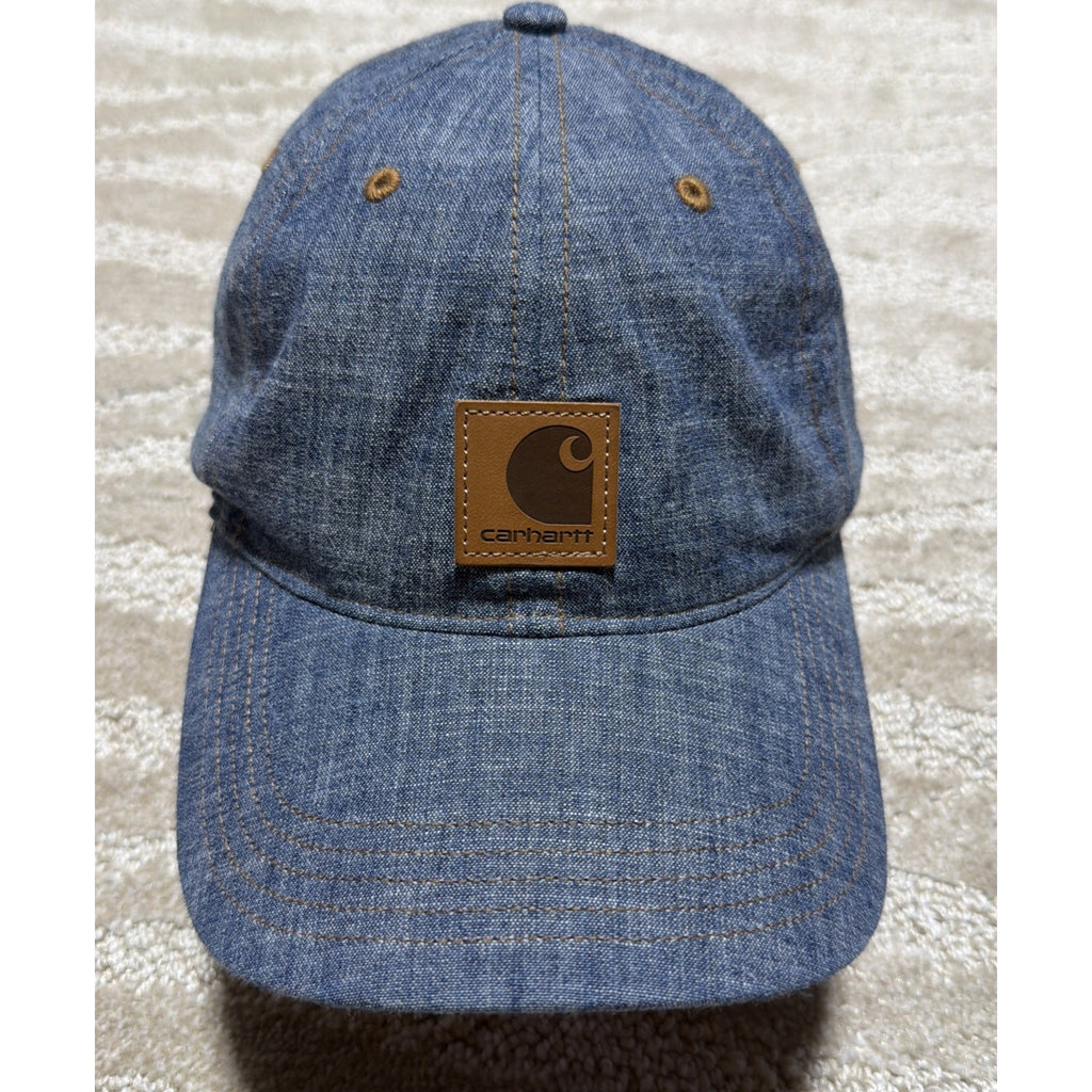 Carhartt Denim Dad Hat Cap Blue Adjustable Leather Logo Patch 100% Cotton