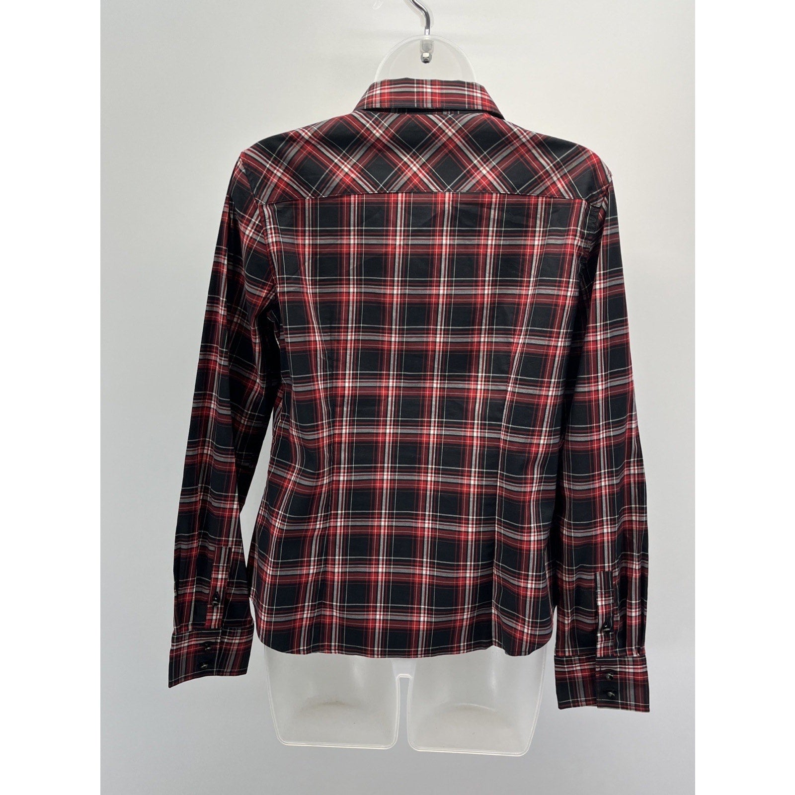 Talbots Black Red White Plaid Stretch Ruffle Button Down Blouse Size 6