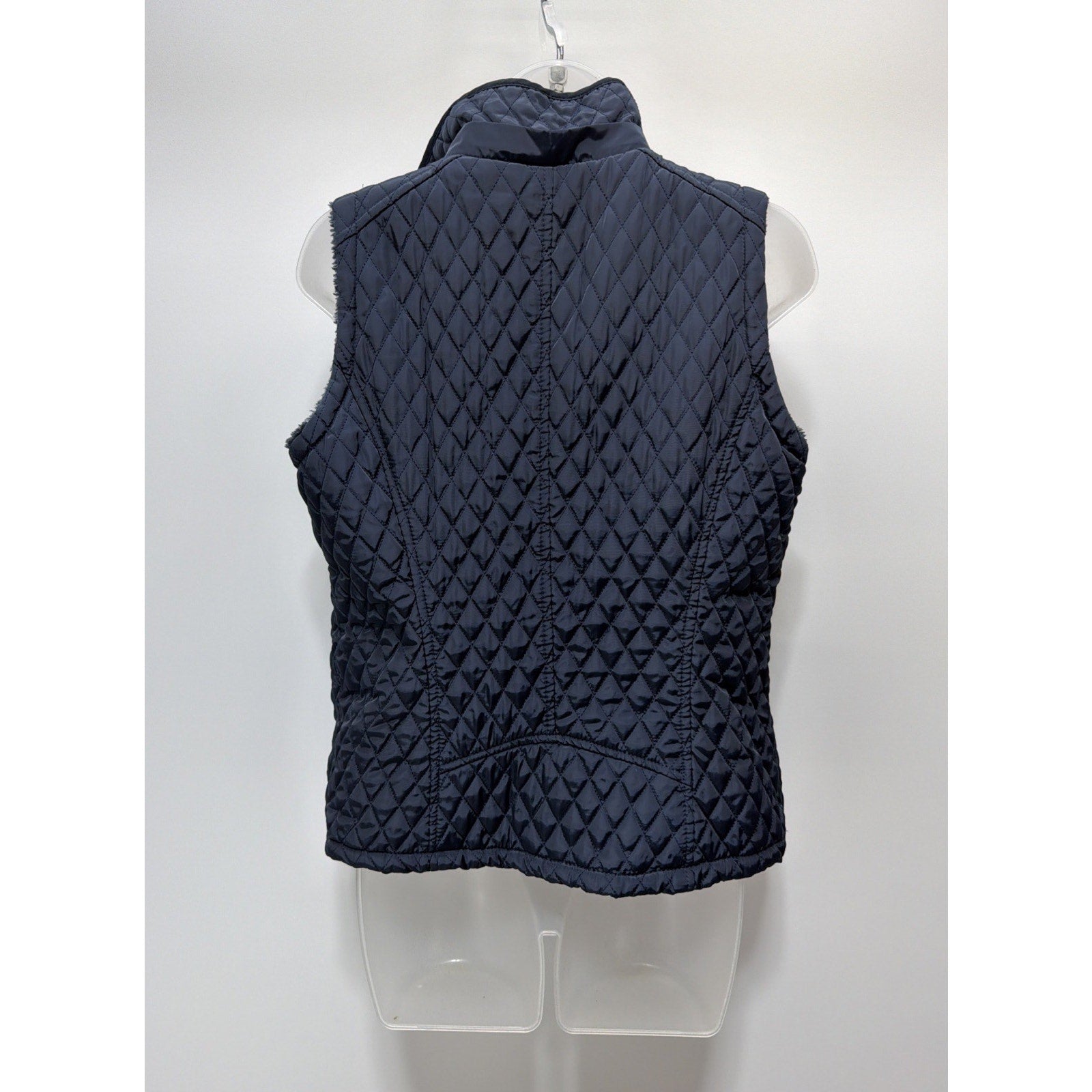 DAISY WOMENS BLUE PUFFER QUILTED VEST JACKET GOLD ZIP ACCENTS FAUX FUR FLEECE L