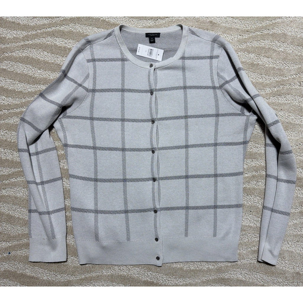 Ann Taylor Factory Windowpane Cardigan Sweater XL Gray White Button Front NWT