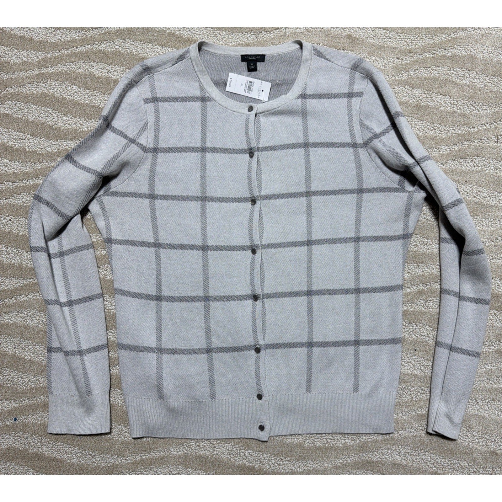 Ann Taylor Factory Windowpane Cardigan Sweater XL Gray White Button Front NWT