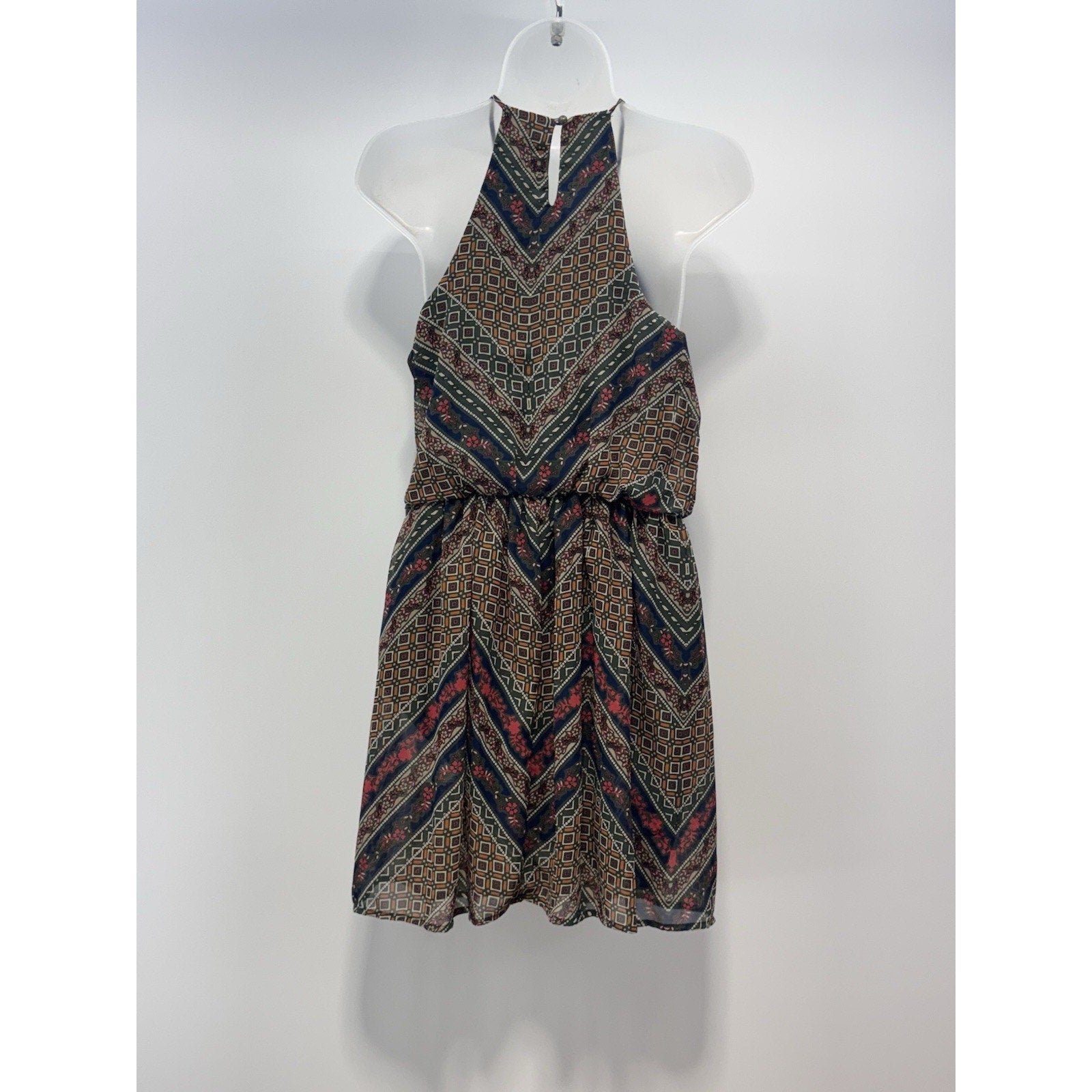 Love Reign Geometric Print Halter Spaghetti Strap Dress Green Red Women’s Size S