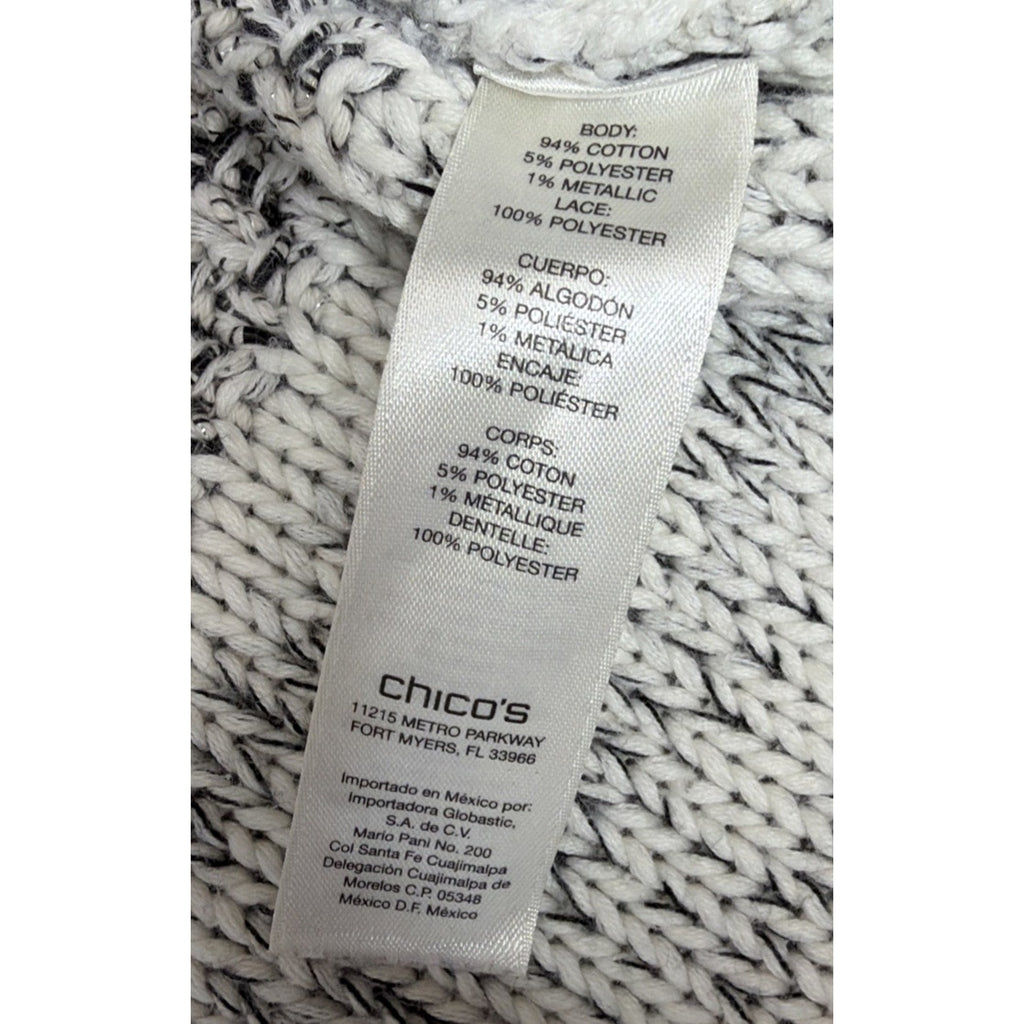 Chico's Size 2 Long Sleeve Round Neck Casual Sweater-Gray/White-Metallic-Lace