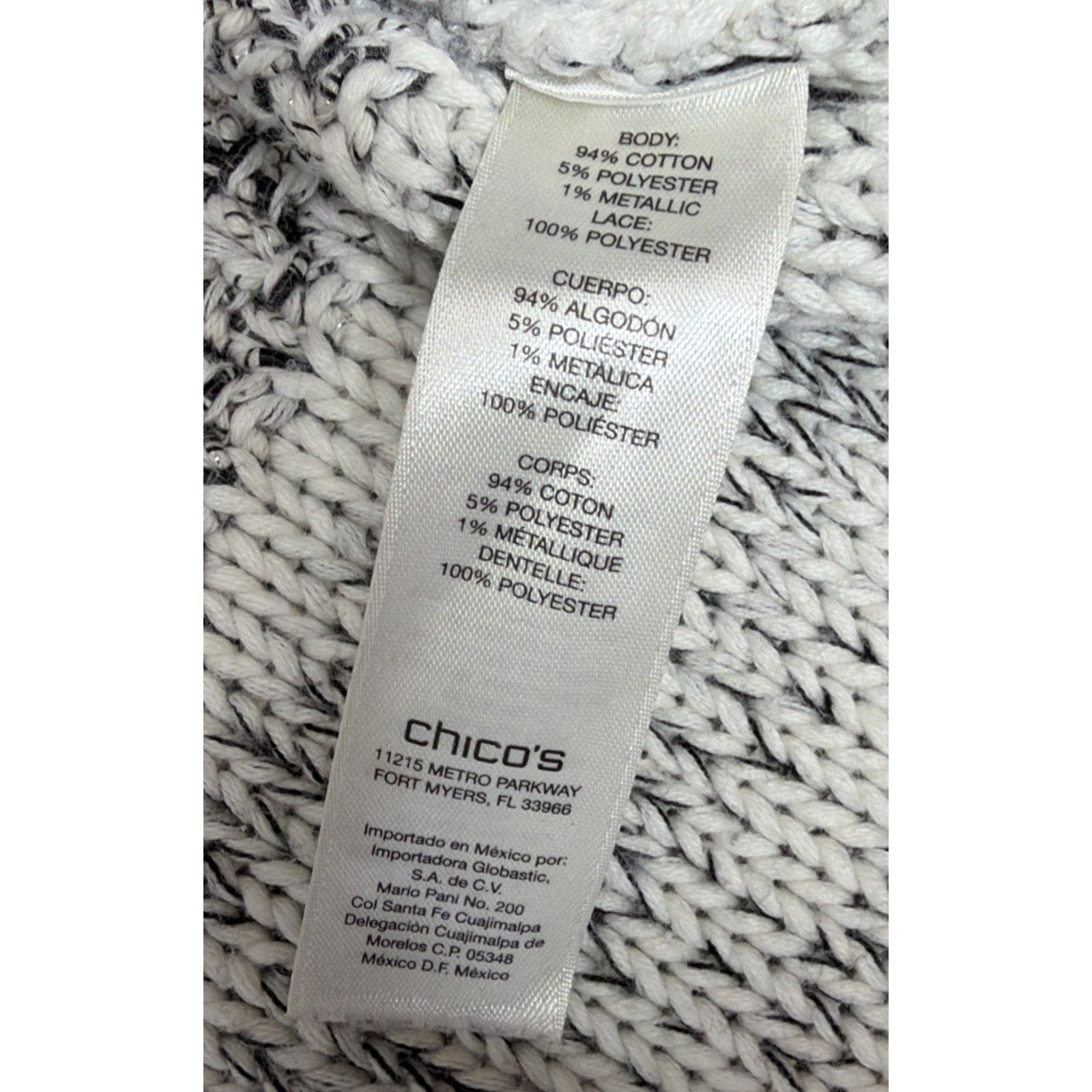 Chico's Size 2 Long Sleeve Round Neck Casual Sweater-Gray/White-Metallic-Lace