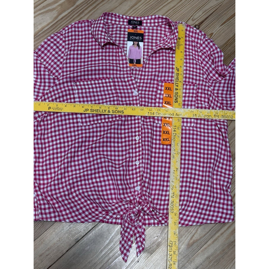 Jones New York Button Down Tie Pink White Gingham Blouse Women’s Size XXL NWT