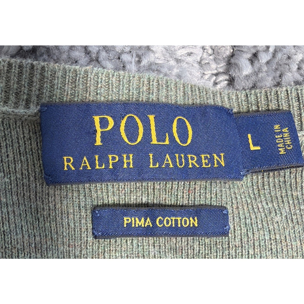 Polo Ralph Lauren Sweater Mens Large Green 100% Pima Cotton V Neck Preppy Casual