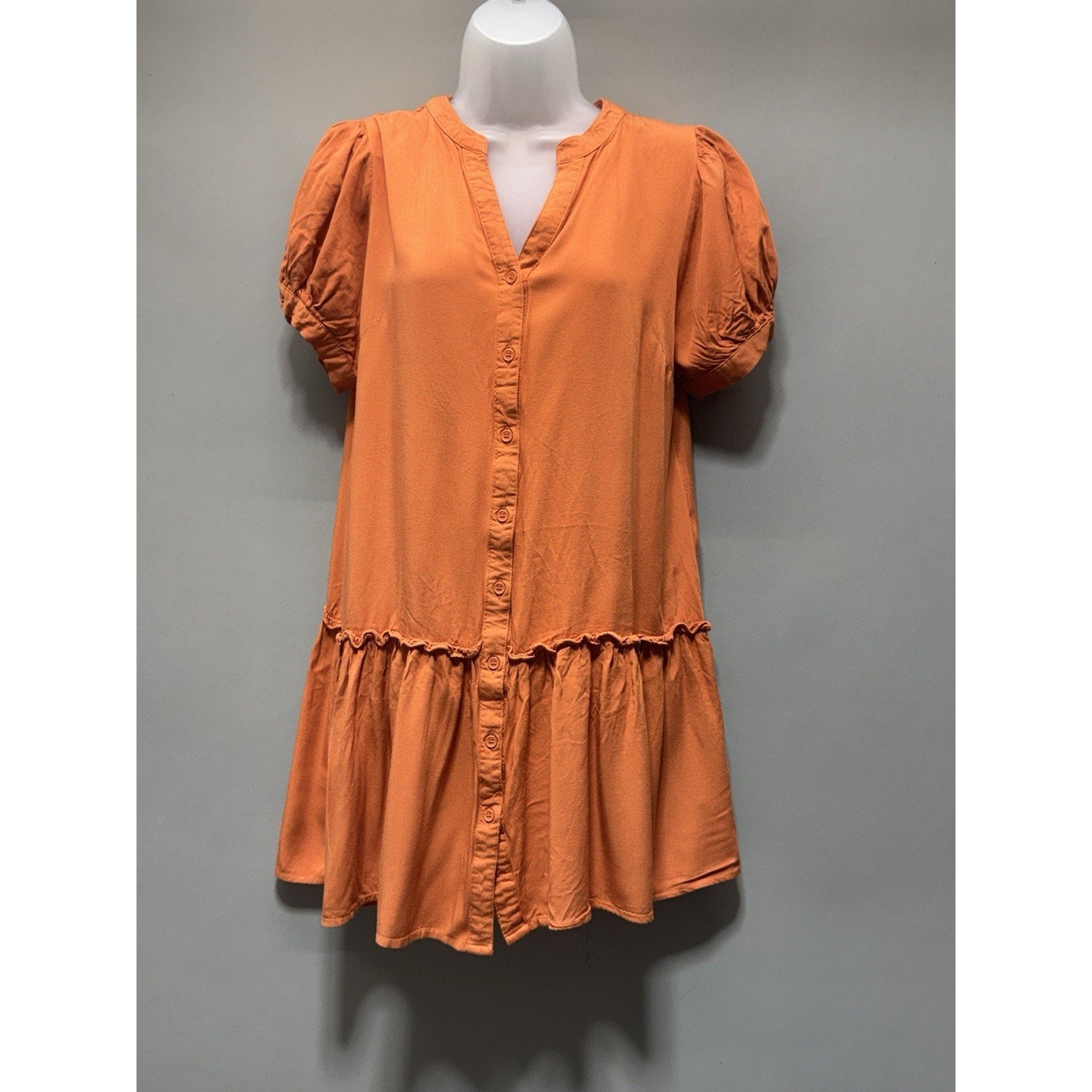 Kori America Orange Babydoll Dress S Boho Puff Sleeve Button Front Tunic Mini