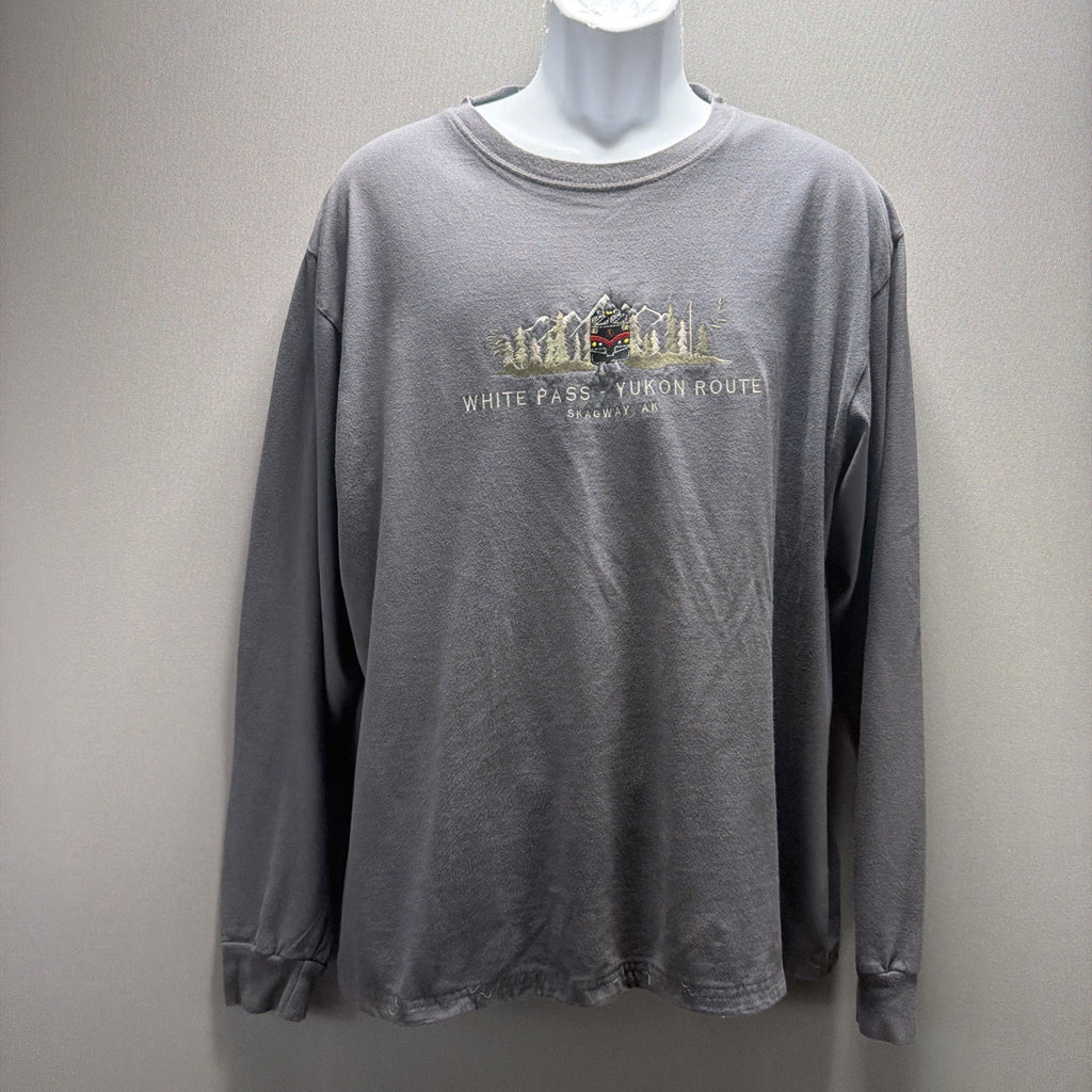 Mens Sz L Skagway Alaska Grey Pass Yukon Route Railway Embroidered T-Shirt