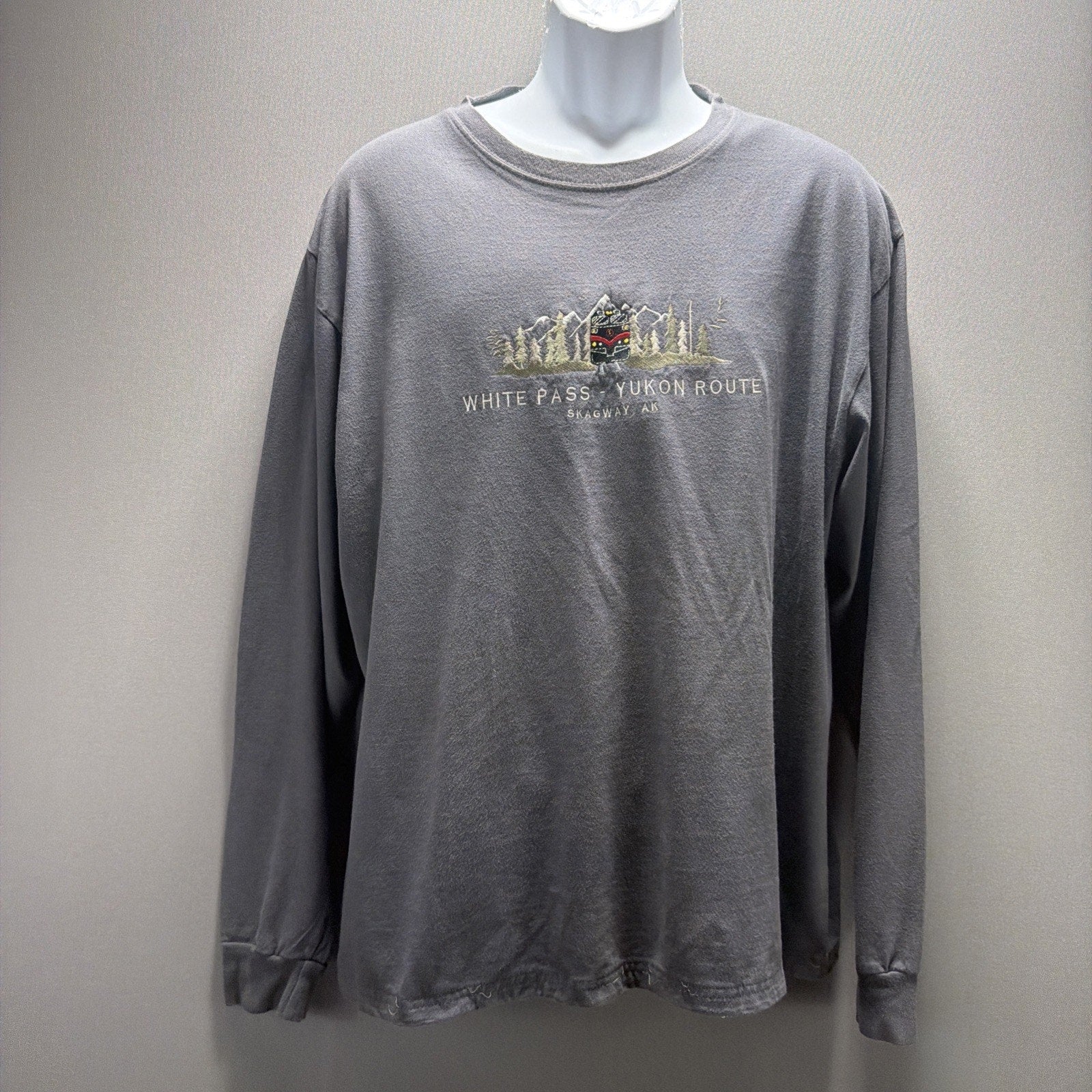 Mens Sz L Skagway Alaska Grey Pass Yukon Route Railway Embroidered T-Shirt