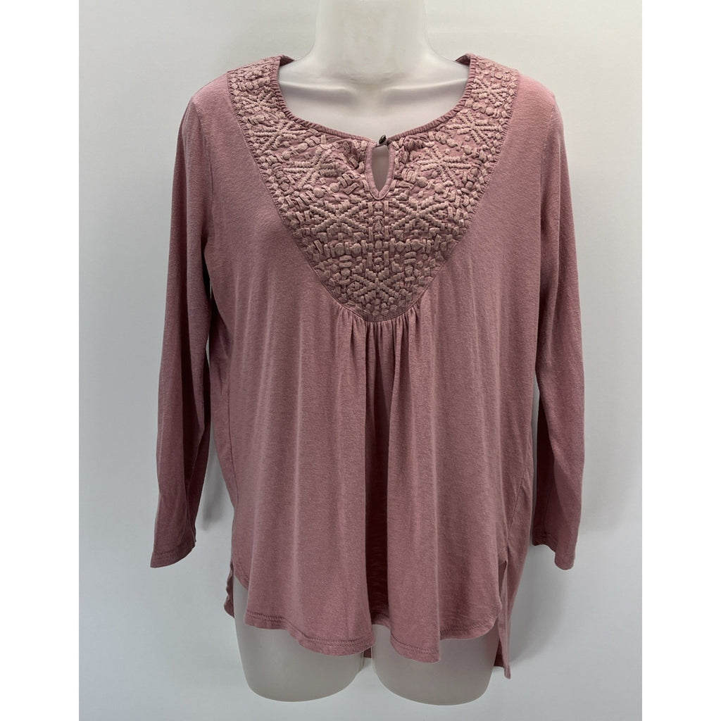 Lucky Brand Top Womens Small Pink Long Sleeve Embroidered Tasseled Peasant Boho