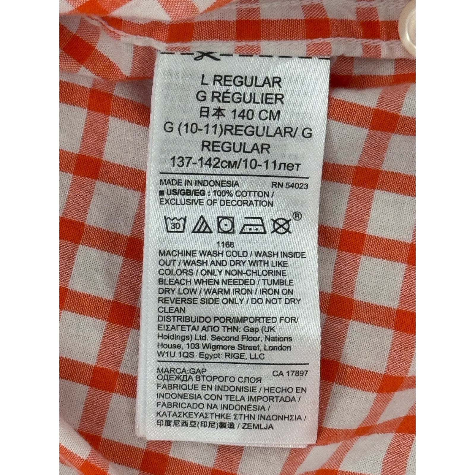 Gap Kids Orange Checkered Button Down Girls Size Large 10 Regular Cotton