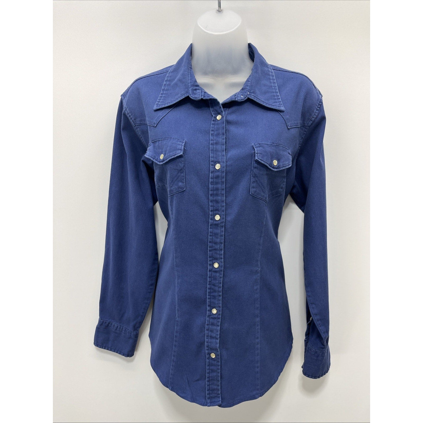 Vtg Wrangler Wrancher Blue Distressed Denim Chambray Pearl Snap Women XL Flaw