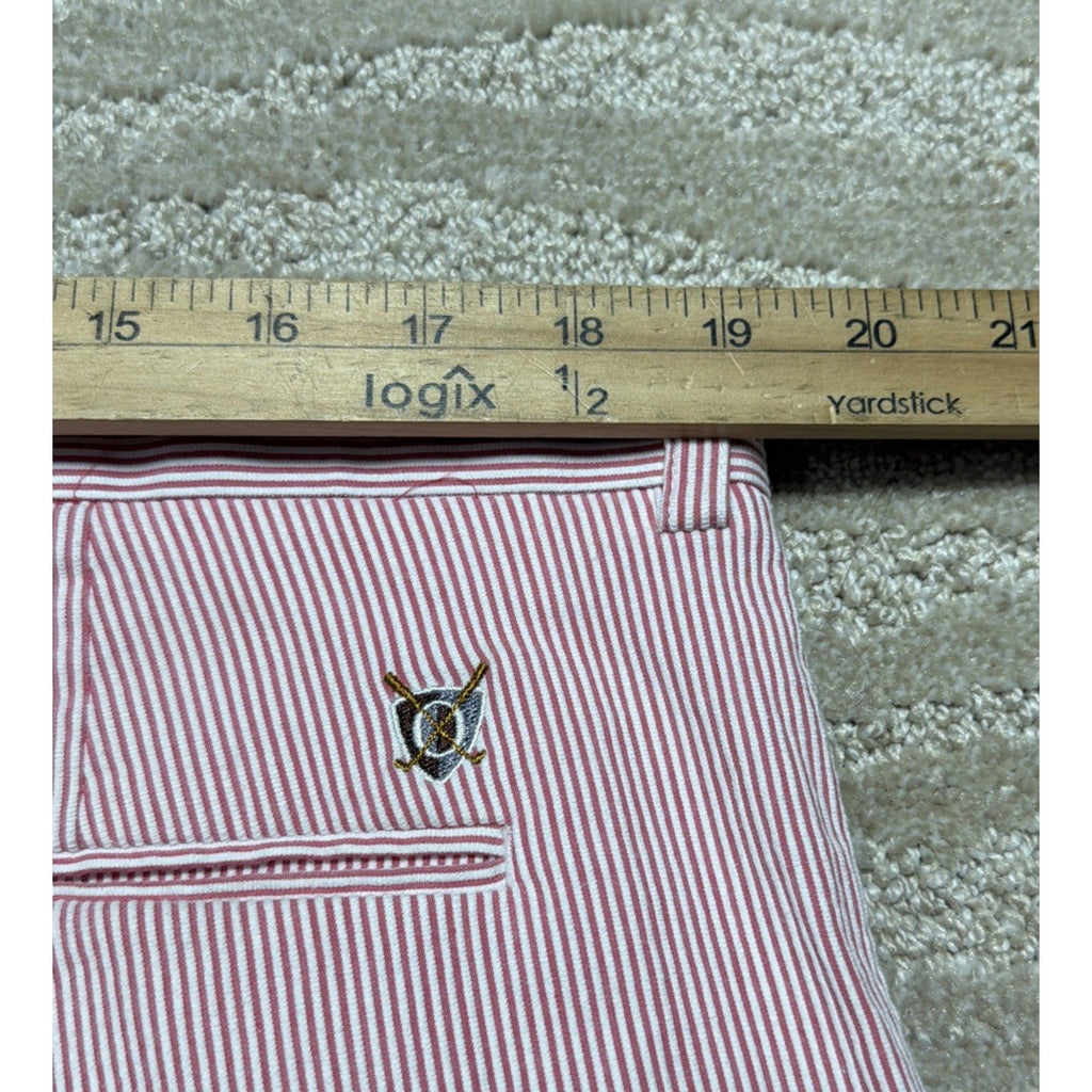 Oxford Golf Pink White Stripe Seersucker Chino Shorts Flat Front Stretch Sz 38