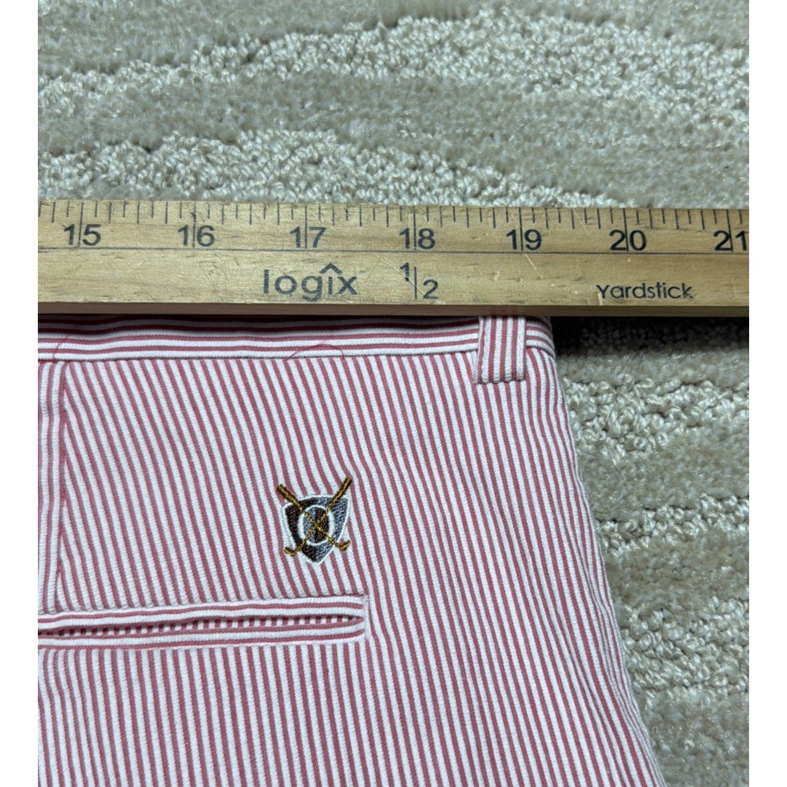Oxford Golf Pink White Stripe Seersucker Chino Shorts Flat Front Stretch Sz 38