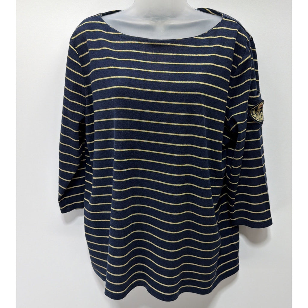 Lauren Ralph Lauren Navy Blue Gold Stripe Top Size 2X Sleeve Pocket Crest Logo