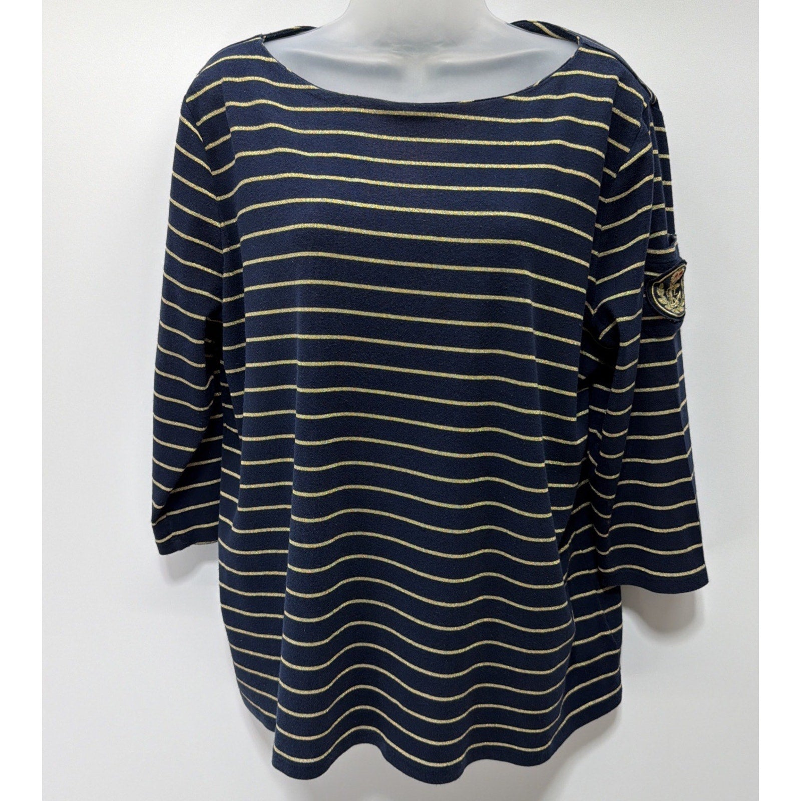 Lauren Ralph Lauren Navy Blue Gold Stripe Top Size 2X Sleeve Pocket Crest Logo
