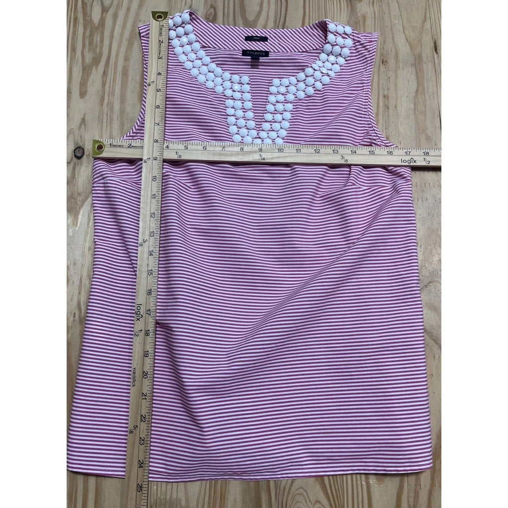 Talbots Women 6 Large Pink White Striped Beaded V-Neck Sleeveless Top Stretch