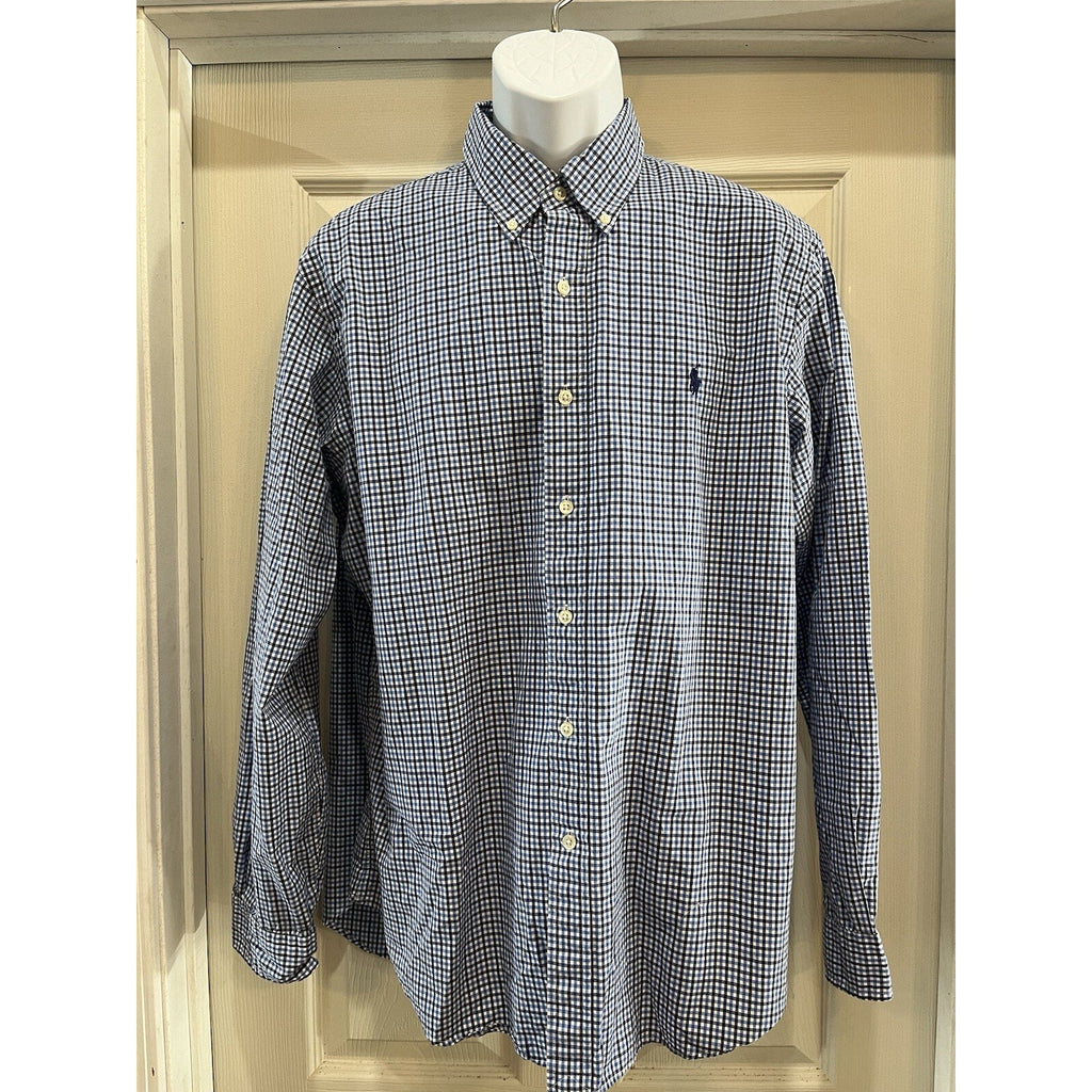 Ralph Lauren Shirt Mens XL Button Down Blue Plaid Classic Navy Pony EUC
