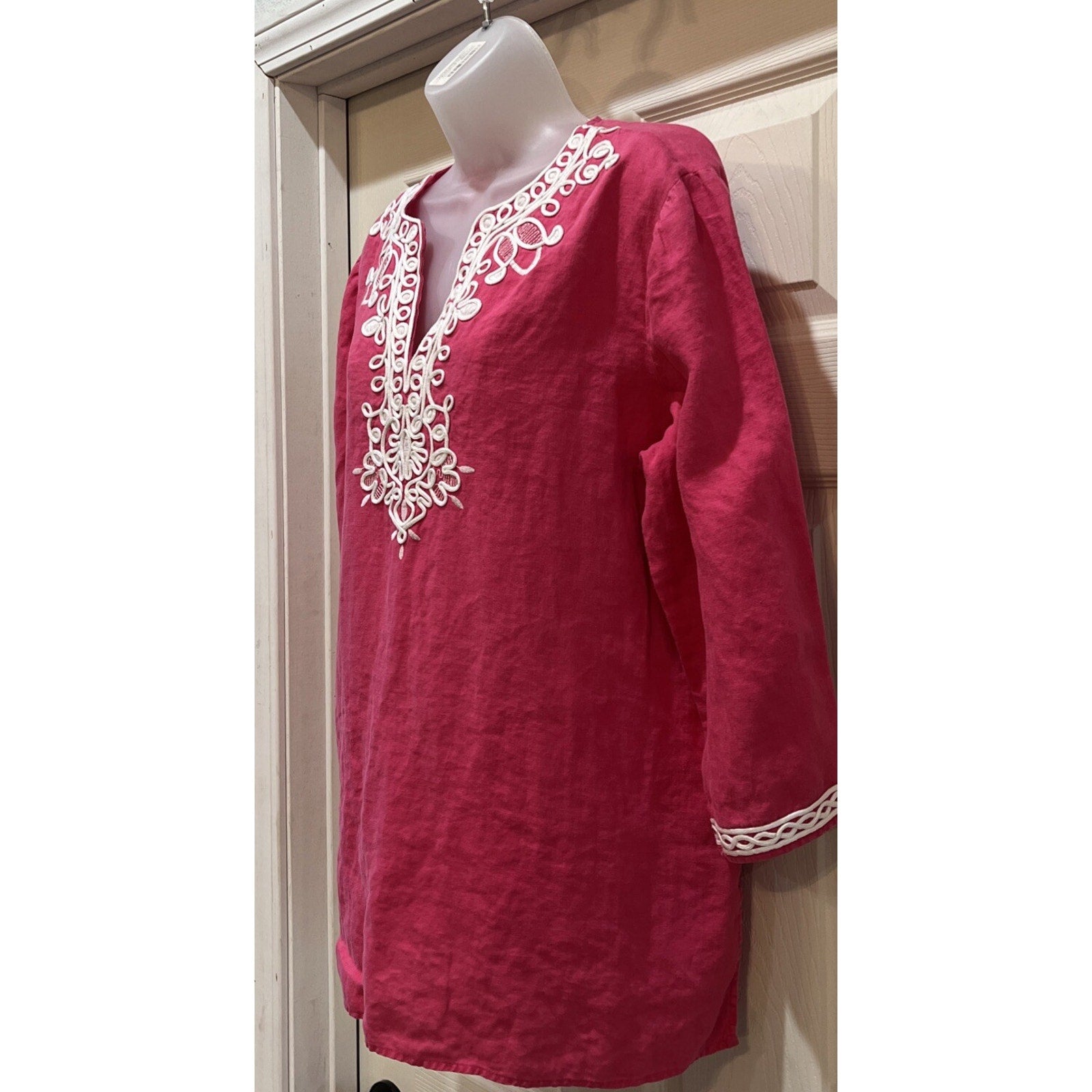 Jones New York Embroidered 100% Linen 3/4 Sleeve V Neck Blouse Pink Sz XL