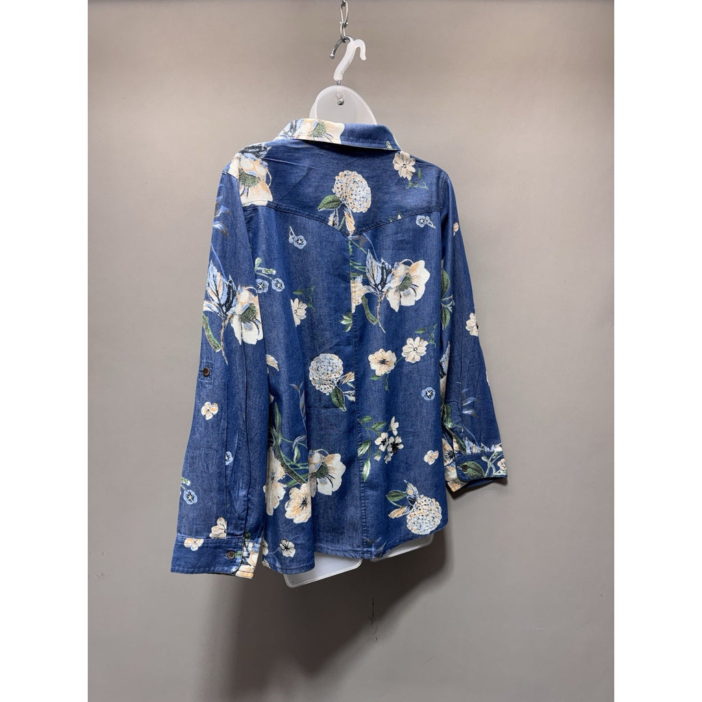Women’s Chambray Floral Button Down Shirt Large Blue Cotton Rayon Lightweight
