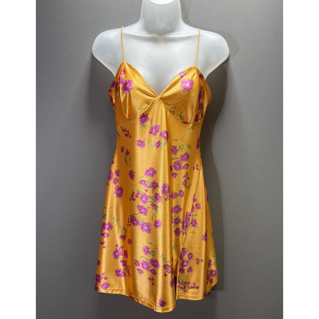 JOLIE & JOY Floral Satin Mini Dress Size M Marigold Yellow Ditsy Slip Dress Slit