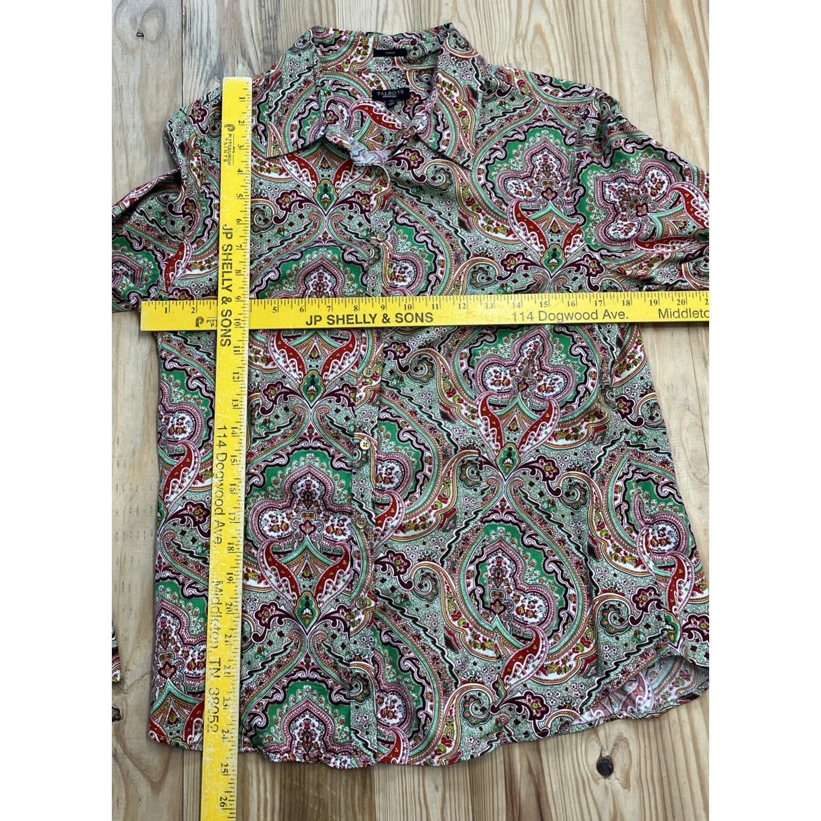 Talbots Green Red Paisley Button Down Shirt Stretch Collared Long Sleeve 14