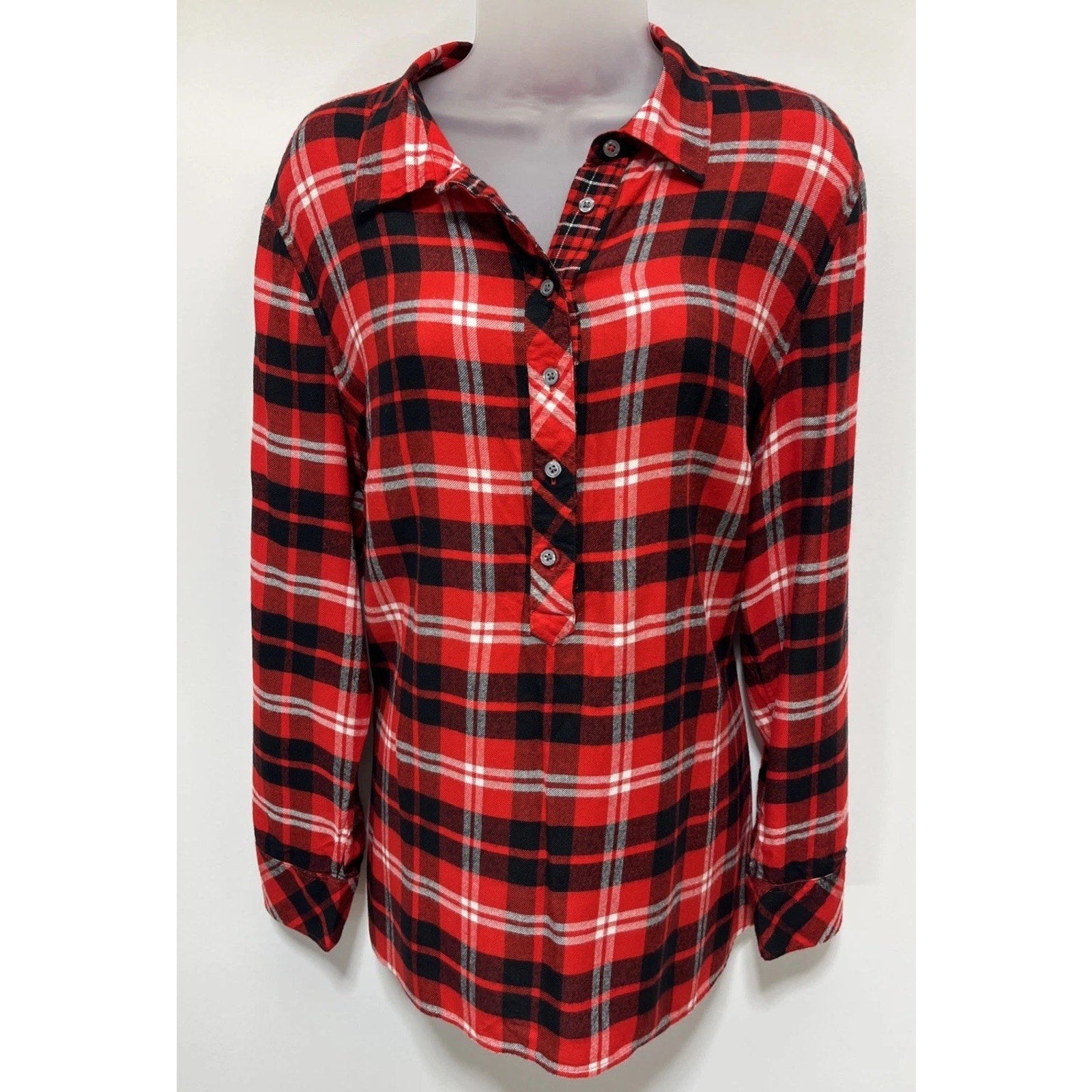 TALBOTS Red Black Plaid Half Button Popover Tunic Shirt Size XL