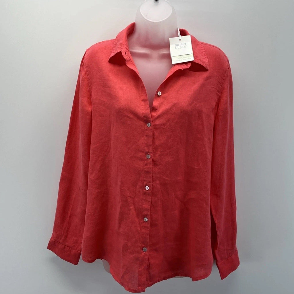 NWT Sigrid Olsen Women's Red Linen Button-Down Shirt - Size M