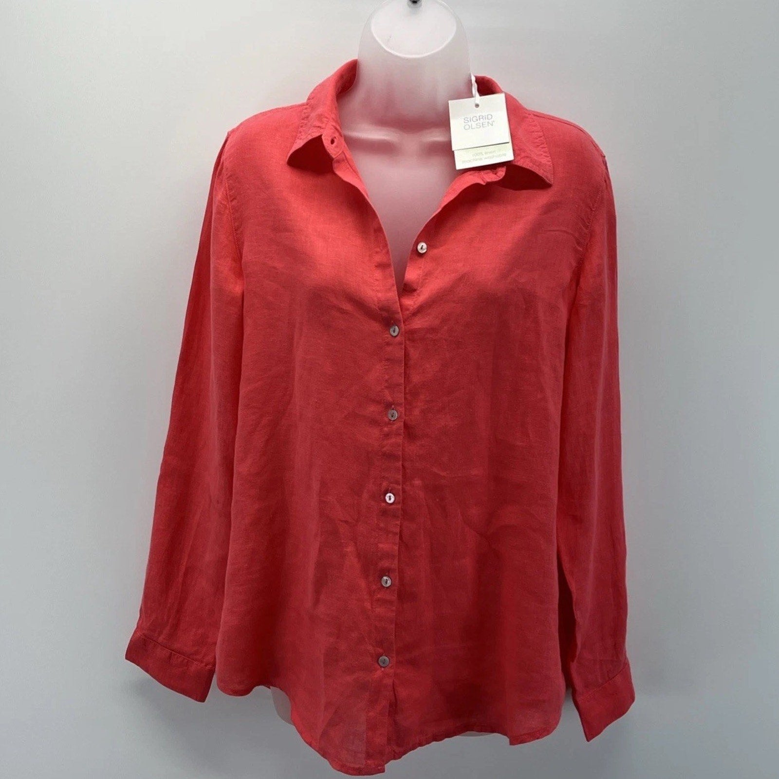 NWT Sigrid Olsen Women's Red Linen Button-Down Shirt - Size M