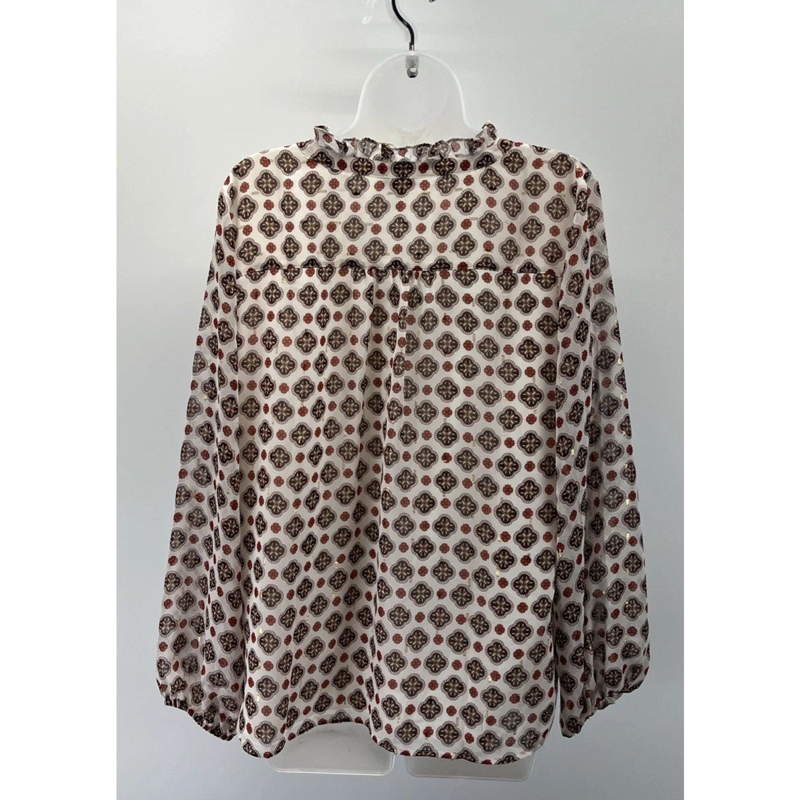 Talbots Damask Print Blouse Size L Floral 1/2 Lined Button Up Semi Sheer Boho