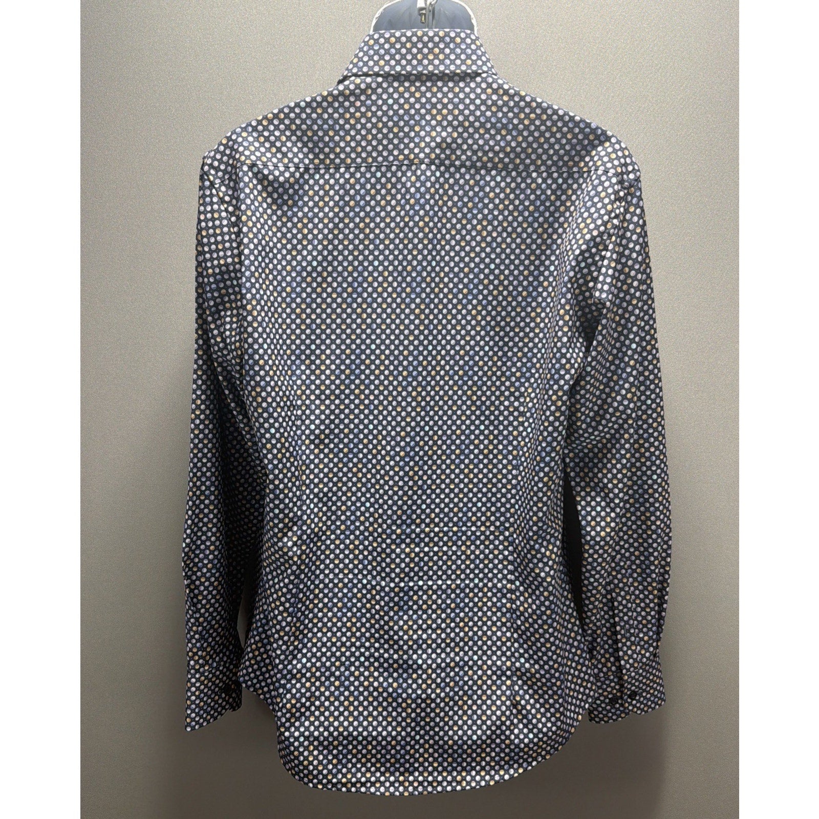 LUGANO Switzerland Multi Color Dot Print Button Down Dress Shirt Stretch Size L
