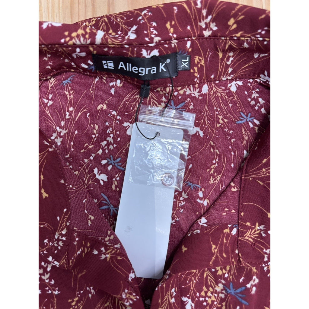 Allegra K Women's Collared Button Up Midi Floral Dress Dark Red X-Large