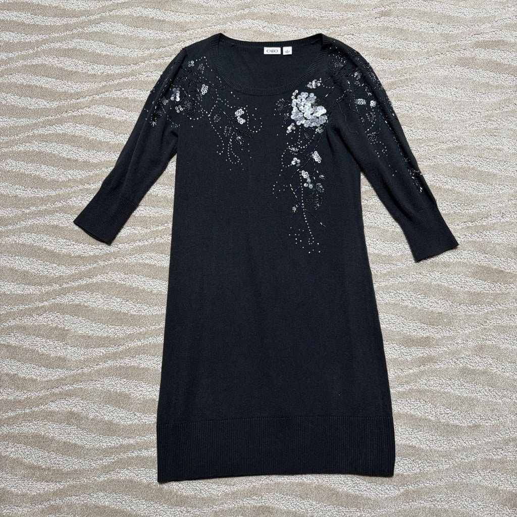 Cato Grey Ribbed 3/4 Sleeve Embellished Jewel Pullover Sweater Dress Sz Small