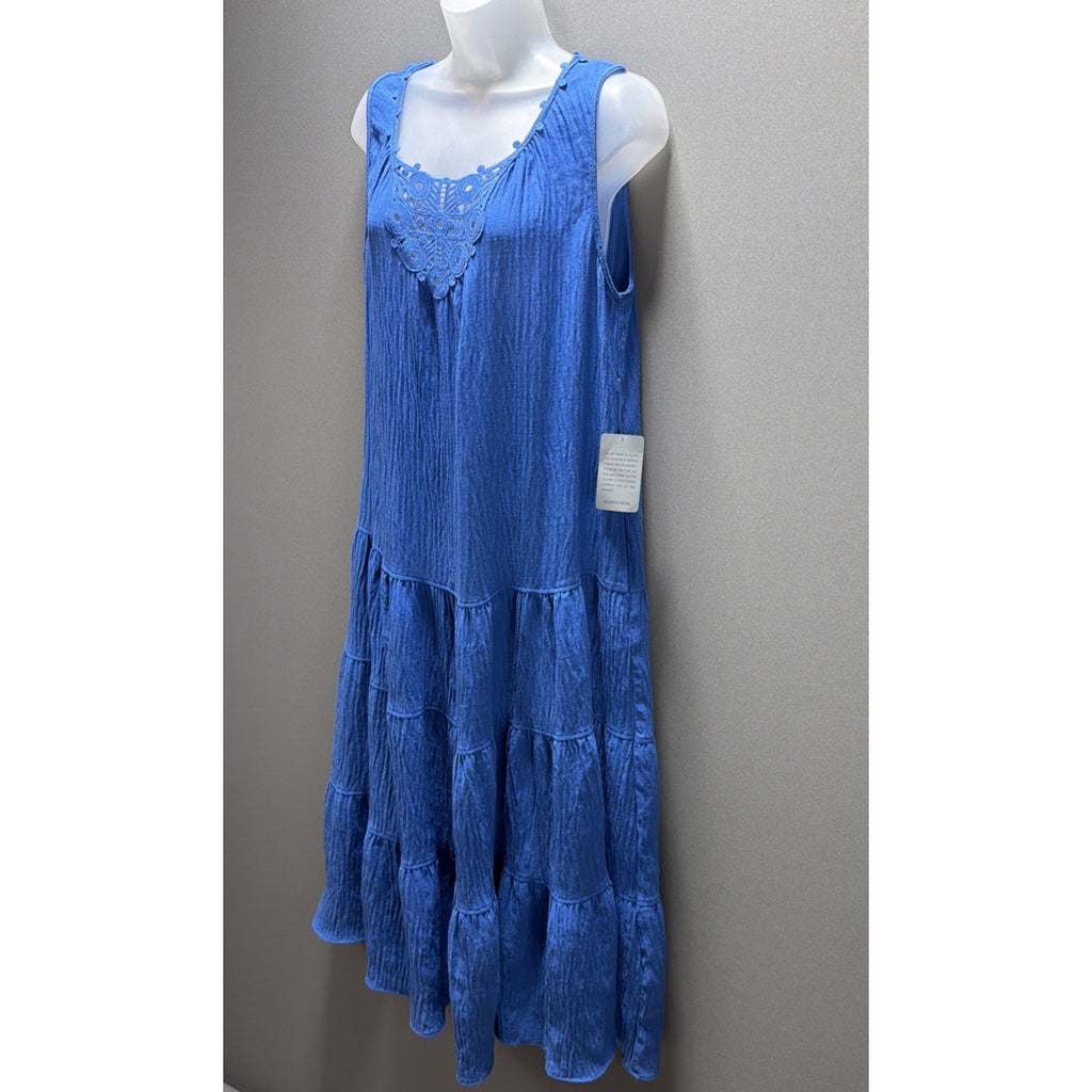 MAX STUDIO London M Blue Maxi Sleeveless Gauze Tiered Lace Dress NWT