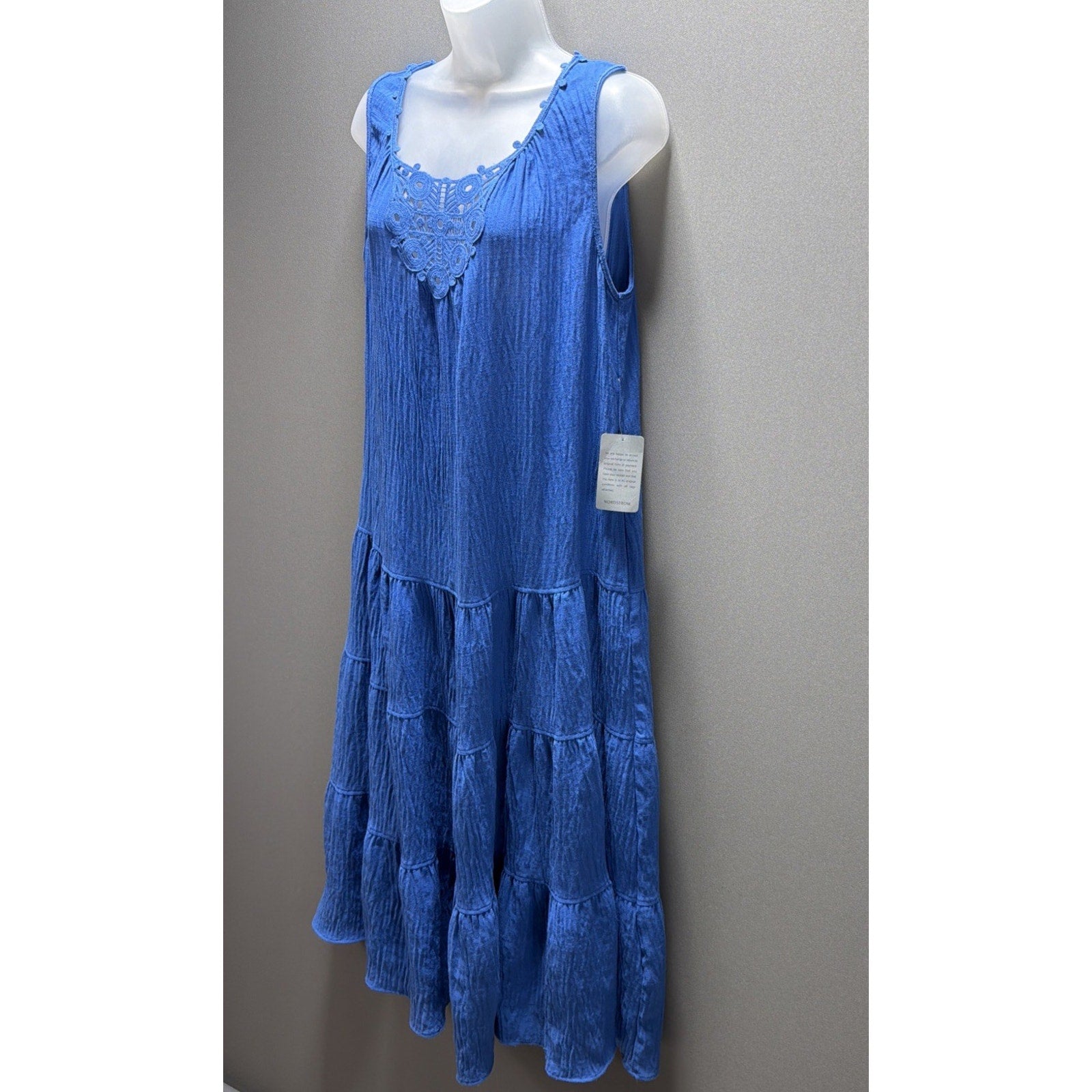 MAX STUDIO London M Blue Maxi Sleeveless Gauze Tiered Lace Dress NWT