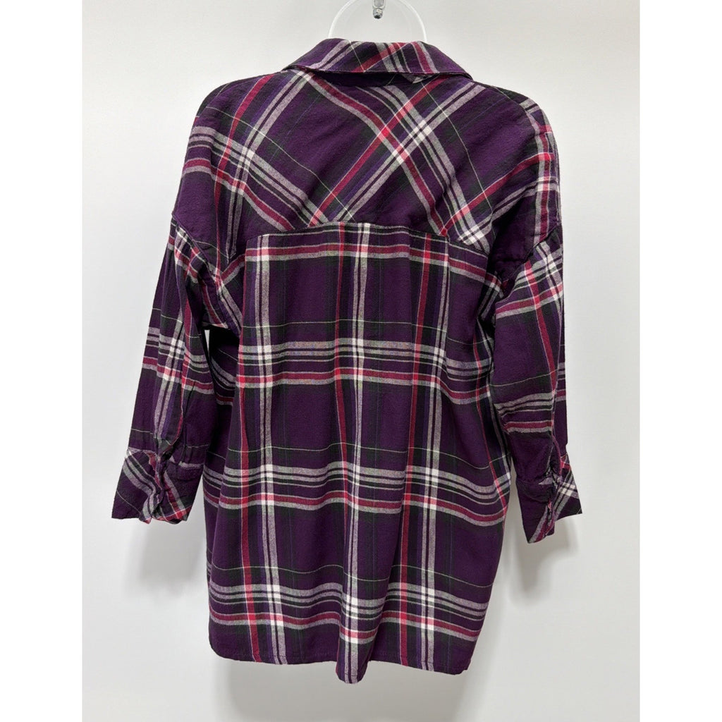 Roaman's Women's Plus Size 12W Berry Plaid Button-Up Flannel Tunic Relaxed Fit