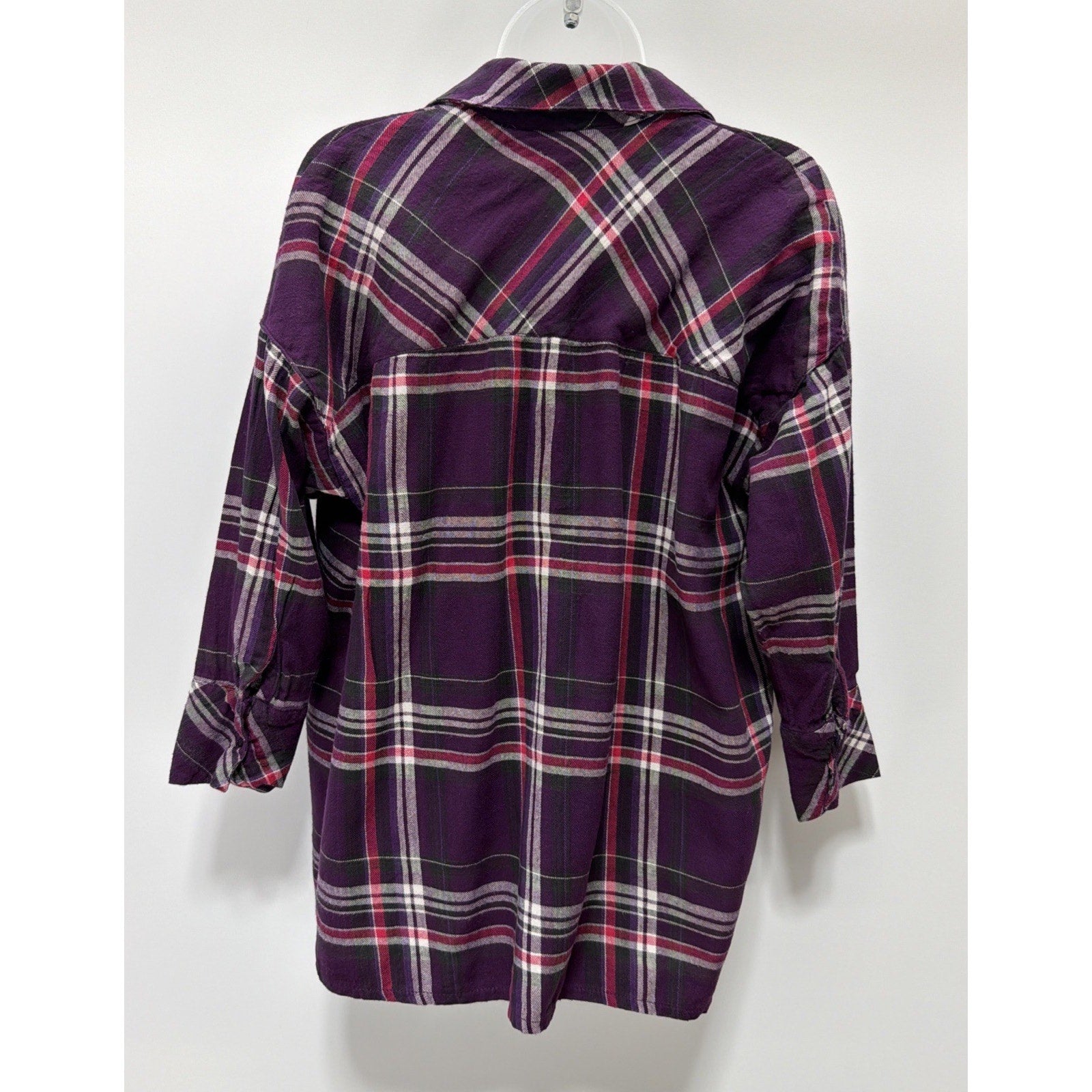 Roaman's Women's Plus Size 12W Berry Plaid Button-Up Flannel Tunic Relaxed Fit