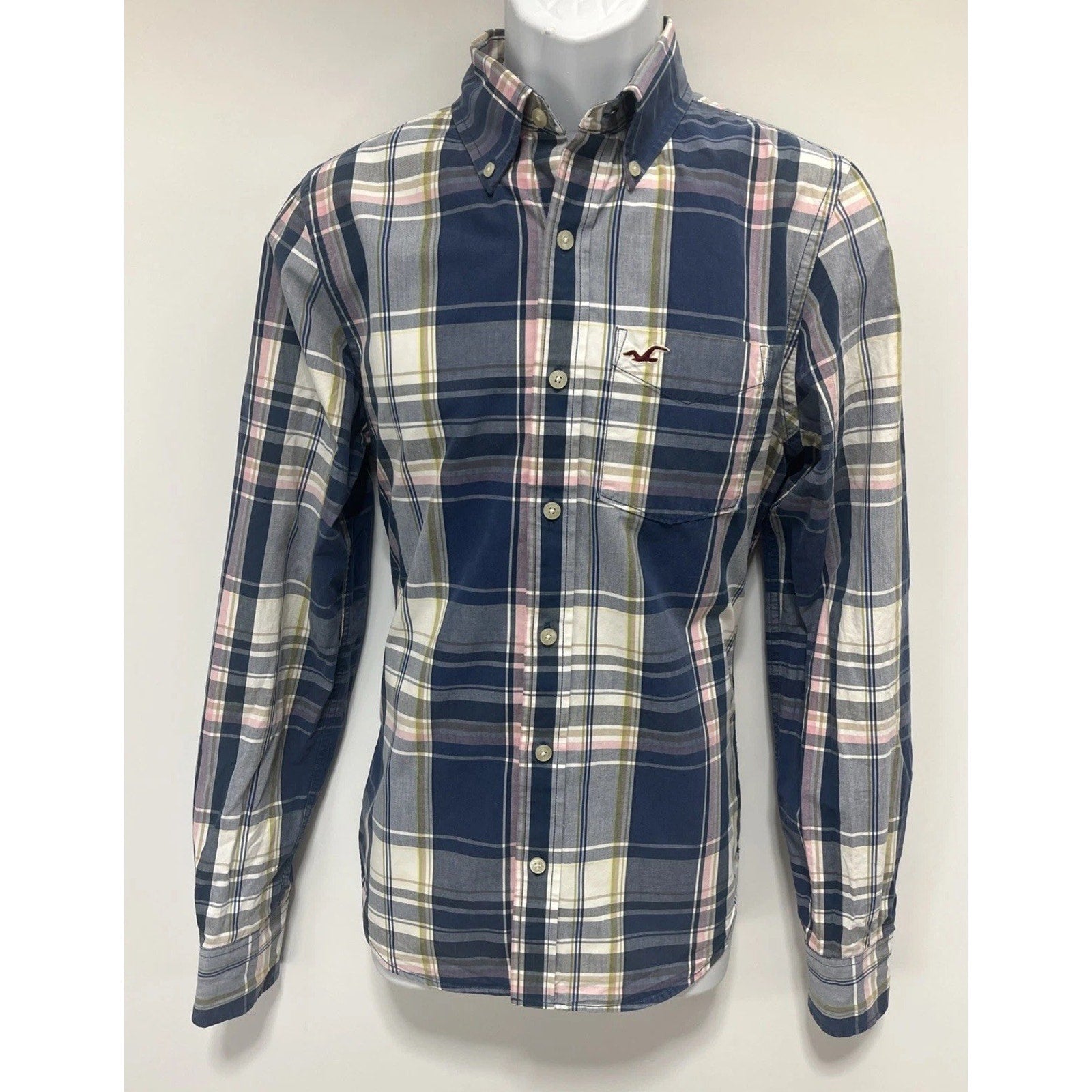 HOLLISTER Men’s Size S Button Front Shirt Long Sleeve Blue Pink Plaid Cotton