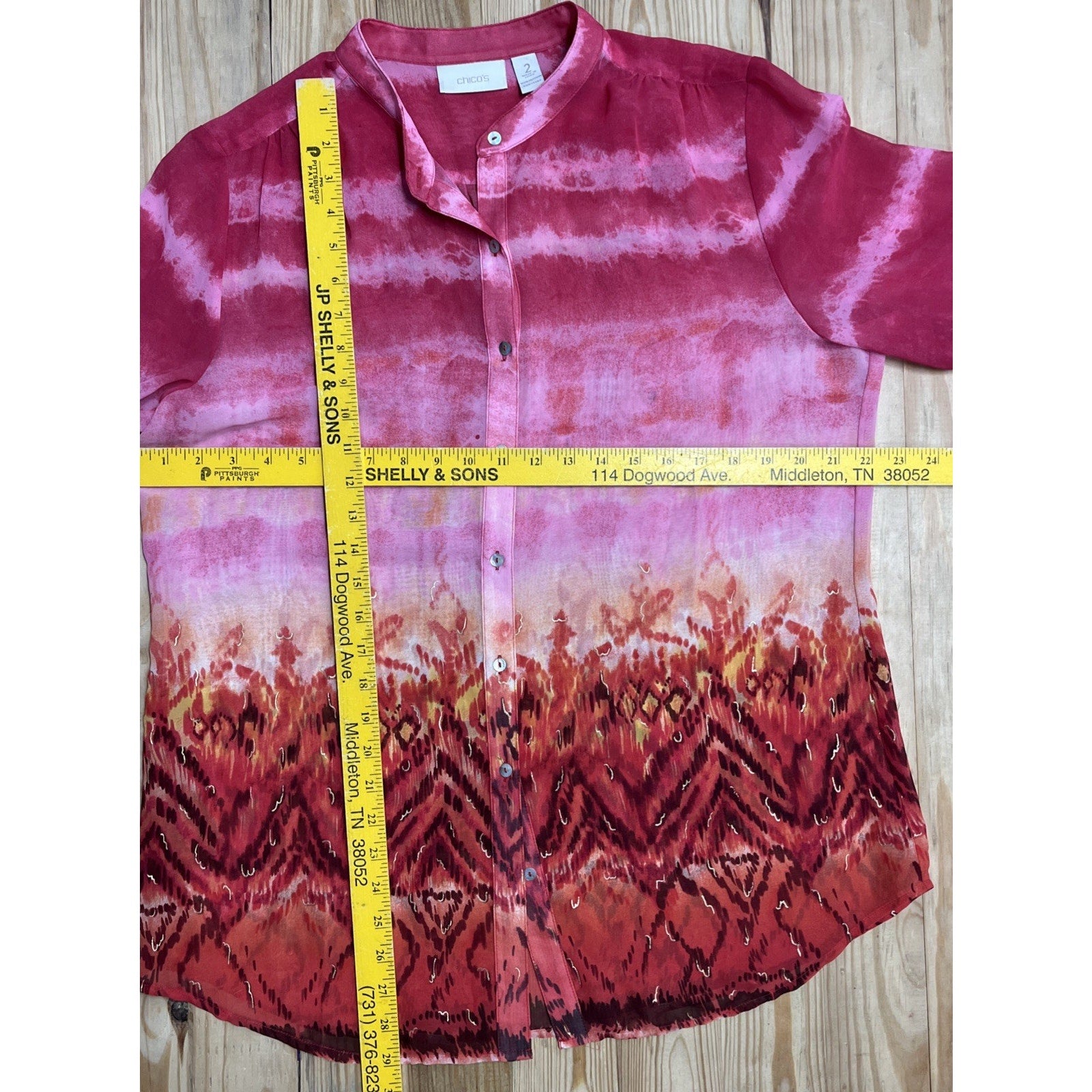 Chico's Top 2 Women's Small Pink Orange Red Sheer 3/4 Sleeve Blouse Button-Up