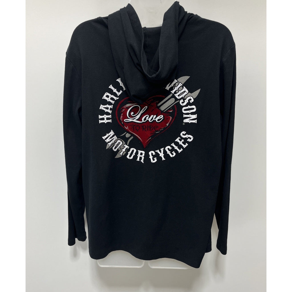 Black Love to Ride Harley Davidson bling velvet heart long sleeve Hoodie Sz 1W