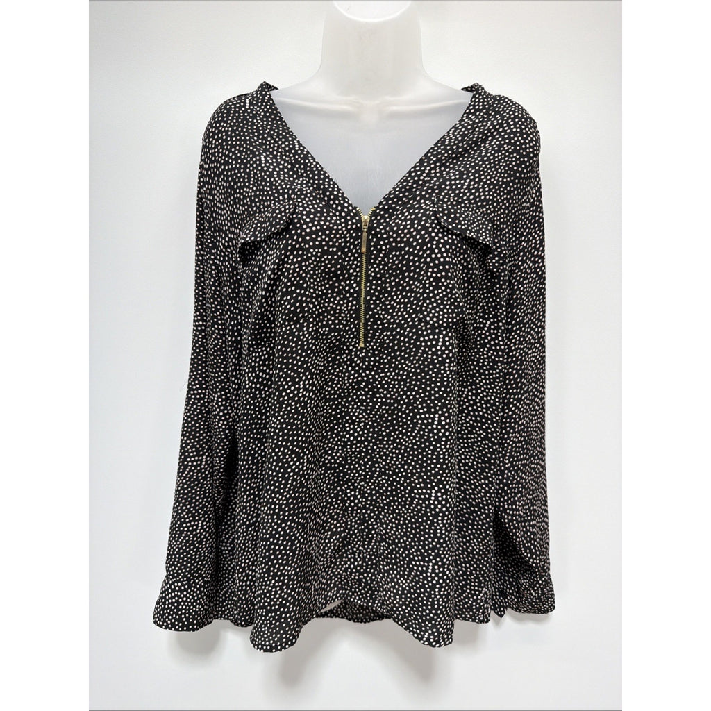 EXPRESS Black White Zipper V-Neck Career Top Roll Up Tab Sleeve XL