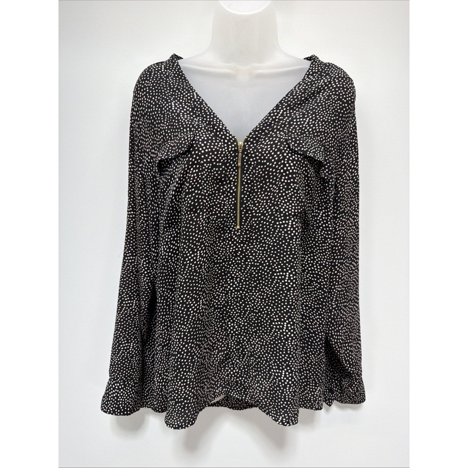 EXPRESS Black White Zipper V-Neck Career Top Roll Up Tab Sleeve XL