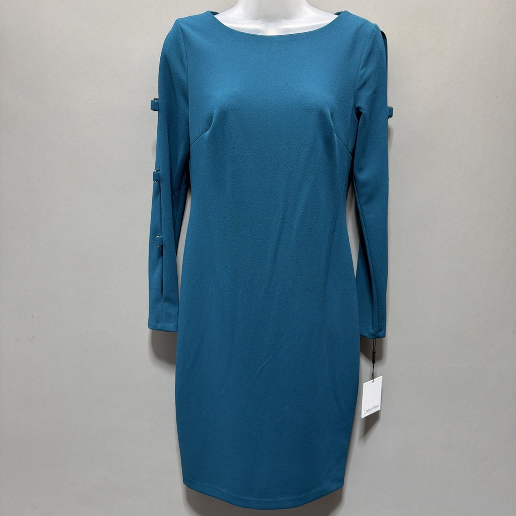 Calvin Klein Dress Teal Blue Green Size 6 Long Sleeve Sheath Knee Length NWT