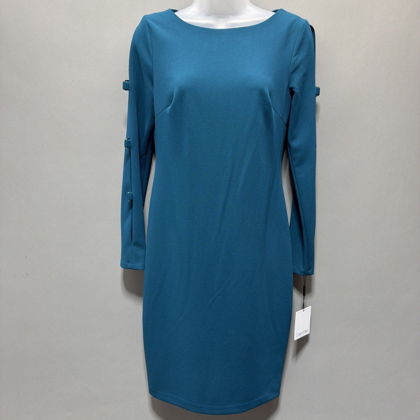 Calvin Klein Dress Teal Blue Green Size 6 Long Sleeve Sheath Knee Length NWT