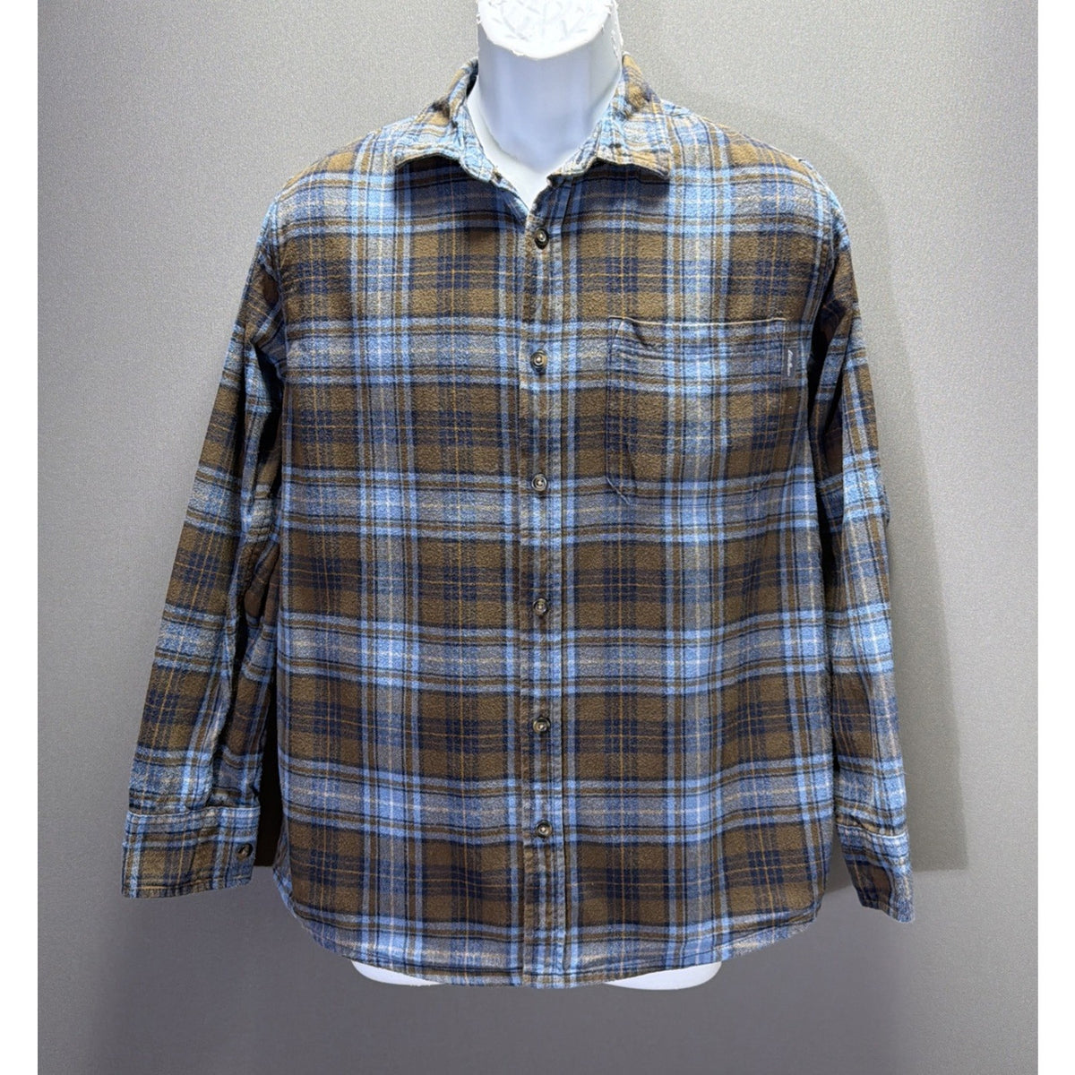 Eddie Bauer Shirt Blue Brown Plaid Flannel Mens Size Medium Outdoor Casual
