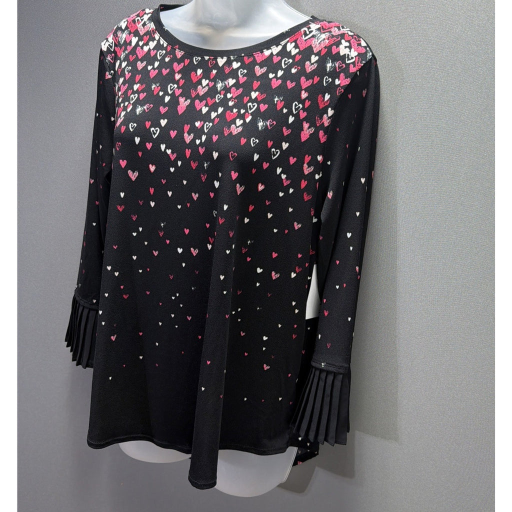 Elle Women's Blaxk Heart Print Scoop Neck 3/4 Bell Sleeve Blouse L Stretch NWT